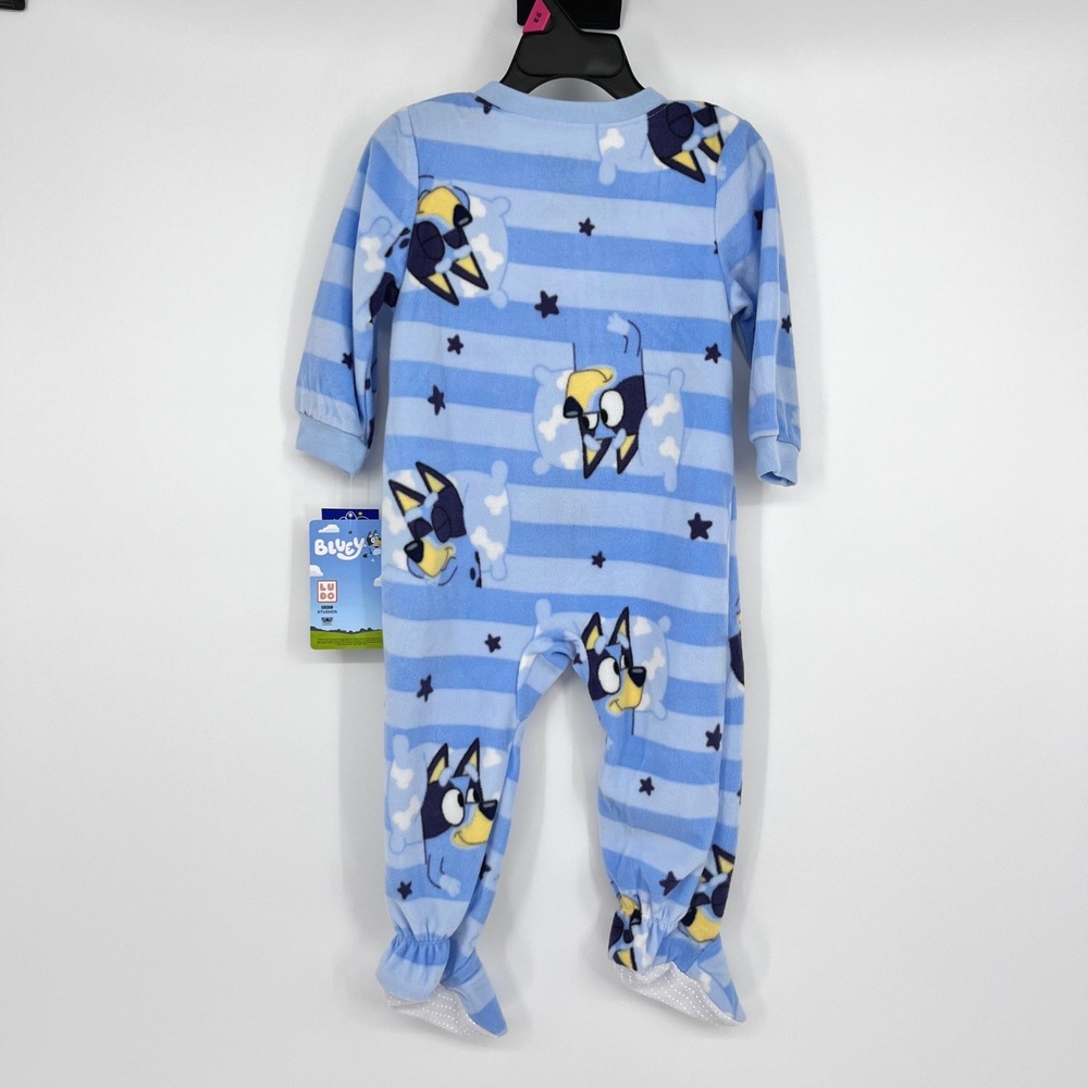 Bluey Footed Pajamas Kids 18M Blue Striped Fleece Zip Up Sleeper NEW - Picture 2 of 9